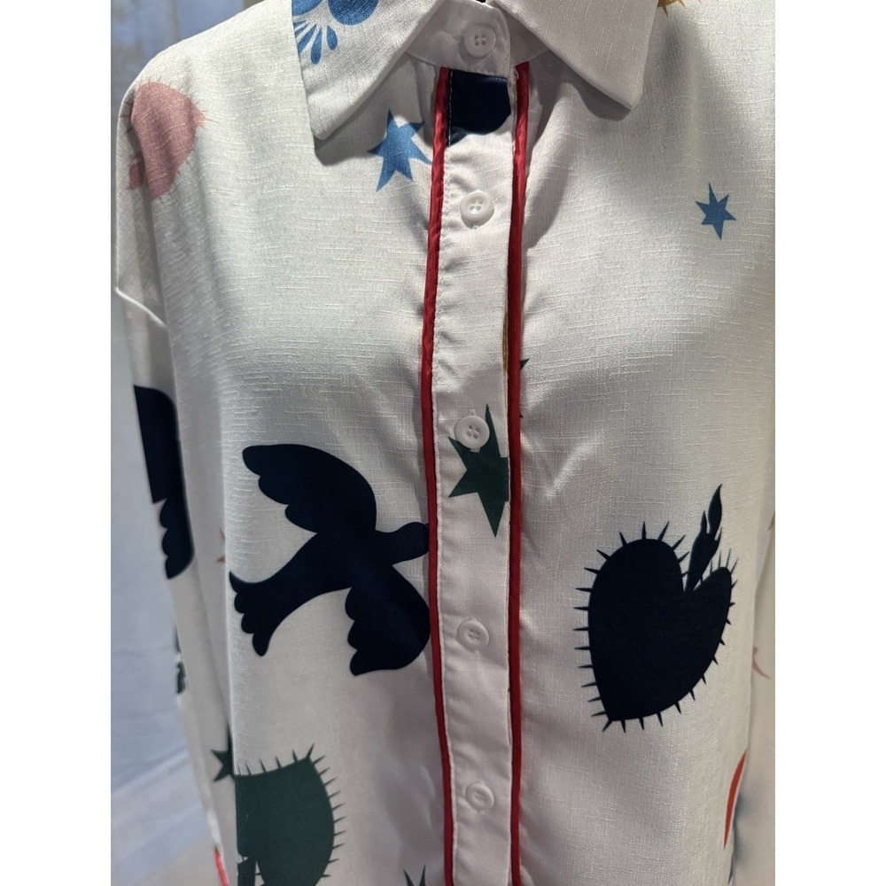 Women's White Multicolor Heart Stars Birds Collared Button-Front Long Sleeve L - Picture 5 of 6